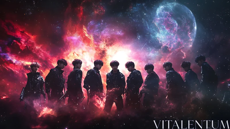Silhouetted boy group before cosmic nebula backdrop.
