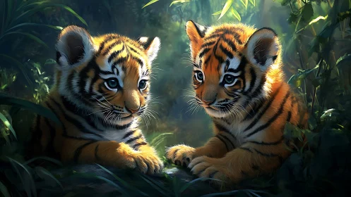 Two Tiger Cubs Meet in the Jungle.