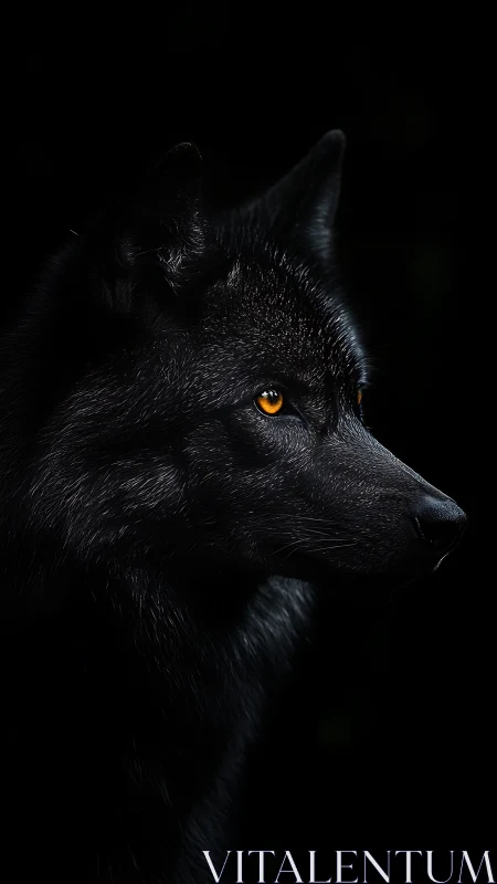 Black wolf portrait glows with amber eyes in deep shadow