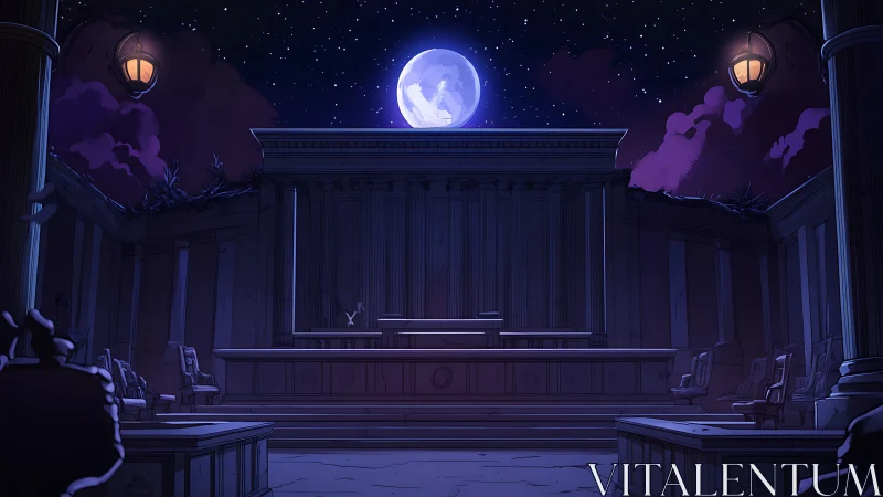 Moonlit courthouse cathedral where justice naps quietly.