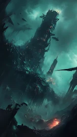 Ruined spire rises above a burning, toxic wasteland.