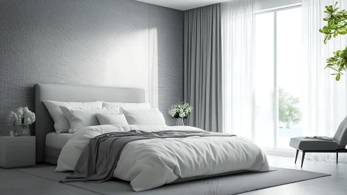 Serene white bedroom bathes in silver morning windowlight.