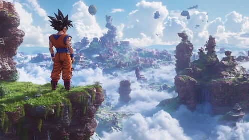 Heroic fighter surveying a floating cloud kingdom landscape.