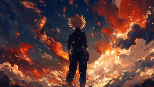 Lone anime warrior faces blazing storm sky at dusk.