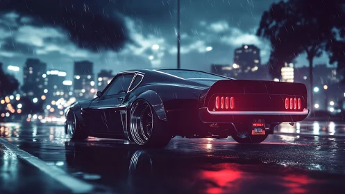 Retro muscle car idles in neon-lit rain with cinematic depth