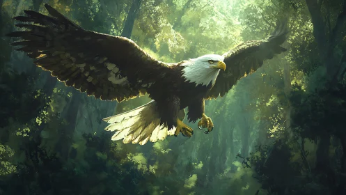 Majestic Bald Eagle Soaring Over Sunlit Forest in Digital Art Style.