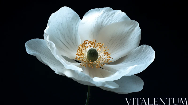 White Anemone Flower with Golden Stamens Against Black.