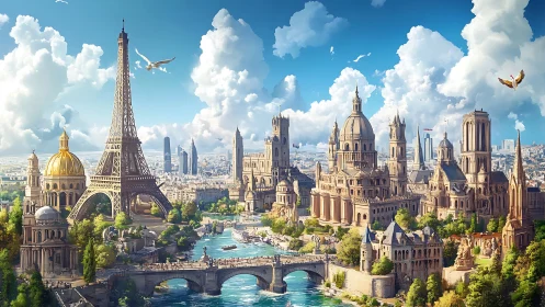 Dreamy European cityscape glowing under bright blue skies.