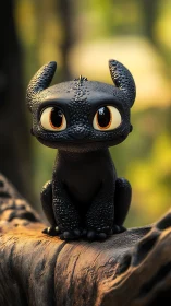 Small black cartoon dragon perched on textured forest log.