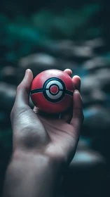 Hand cradling red gaming sphere in moody shallow focus.