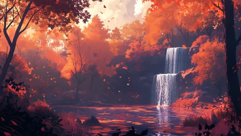 Luminous Waterfall Forest Engulfed in Fiery Autumn Light