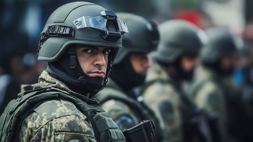 Soldier in tactical gear standing alert in urban formation.