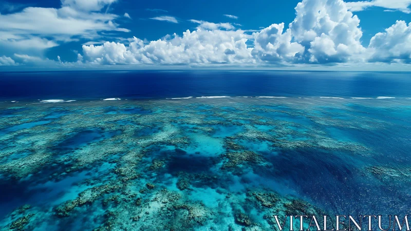 Aerial panorama captures stratified reef shelf under cumulus sky