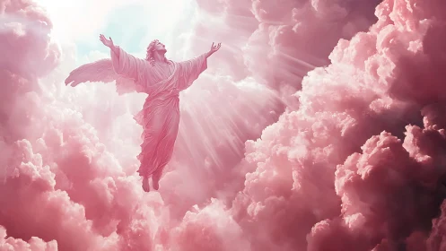 Radiant angel ascends through glowing pink celestial clouds.