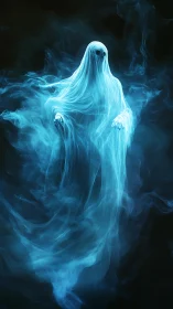 Translucent blue ghostly figure emerges from swirling smoke