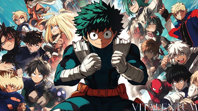 Green-haired hero lunges forward amid blazing anime chaos.