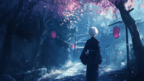 Solitary wanderer walks under twilight cherry blossoms