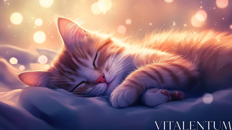 Sleeping tabby cat rendered with warm golden bokeh lighting effects