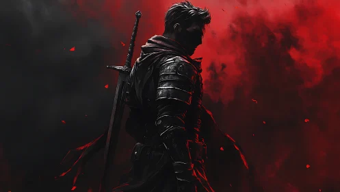 Dark armored swordsman stands amid crimson battle smoke.