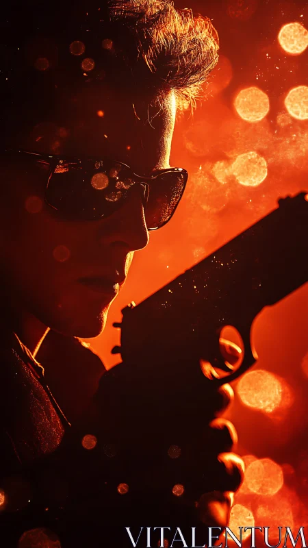 Silhouetted person with handgun against orange bokeh field.