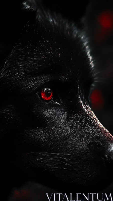Black wolf portrait shows glowing red eye in deep shadow