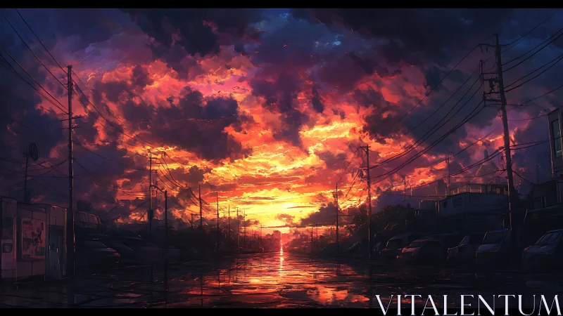 Neon storm sunset ignites quiet urban street horizon.