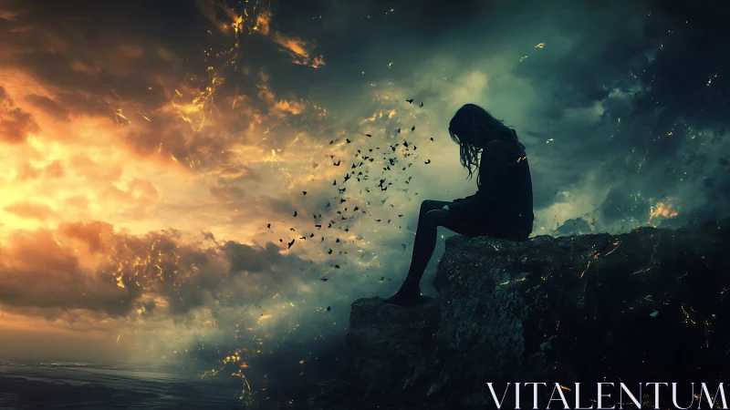 Solitary dreamer resting on a cliff between storm and fire.