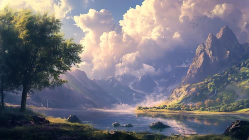 Sunlit alpine lake beneath towering clouds and cliffs