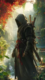 Wanderer in a sunlit forest gorge pauses in quiet thought.