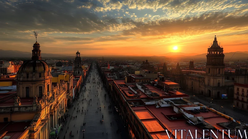 Sunset over historic avenue with domed and towered skyline.