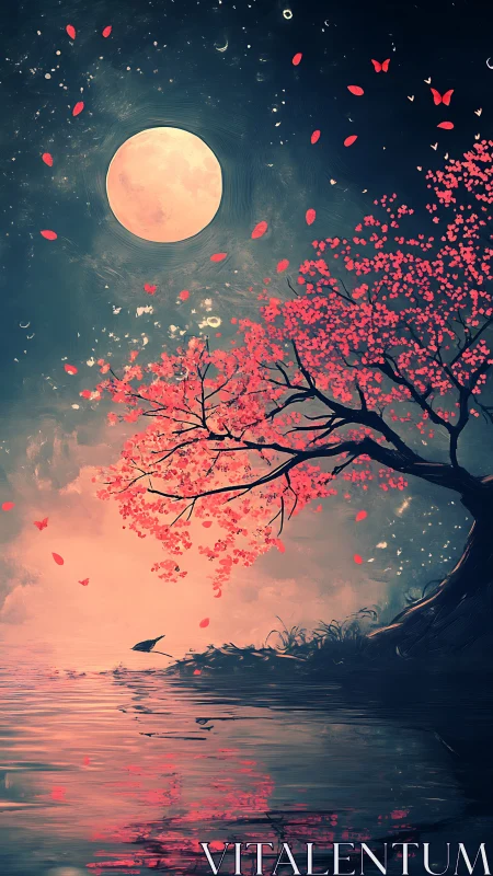 Lunar backlit sakura tree renders reflected chromatic water surface