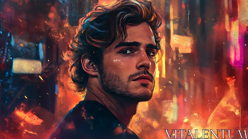 Brooding young man in neon-lit inferno portrait scene.