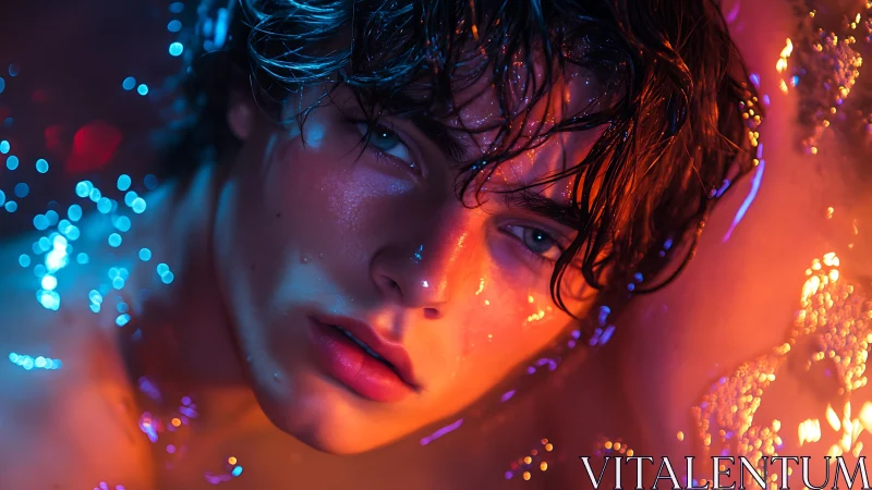 Neon-lit wet portrait isolates a moody face in bicolor glow