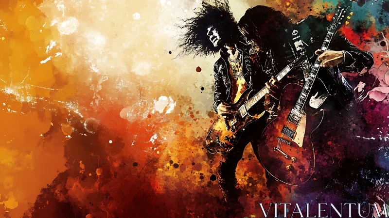 Electric guitarists in abstract splatter color composition.