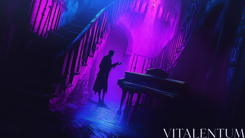 Silhouette pianist haunts neon-lit gothic staircase hall