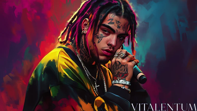 Electric portrait of a tattooed rapper holding a live mic