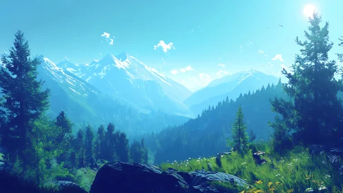 Sunlit mountain valley wrapped in bright emerald forest calm.