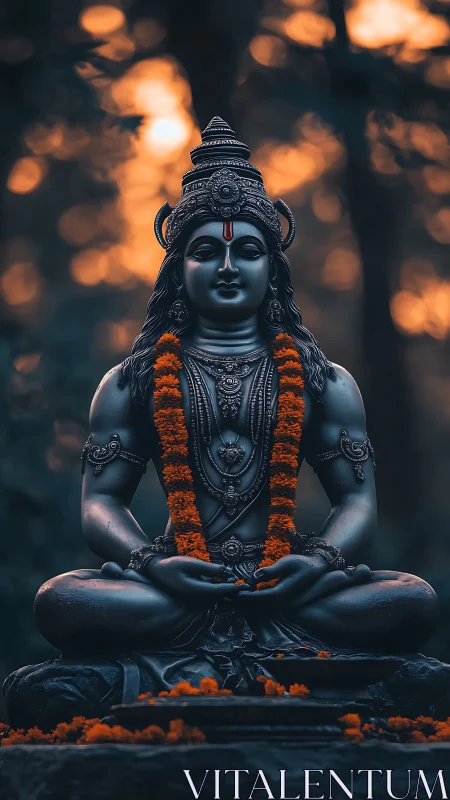 Evening serenity with a meditative Shiva statue aglow.
