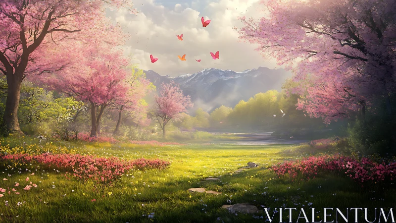 Butterflies drift above a sunlit spring meadow and cherry trees