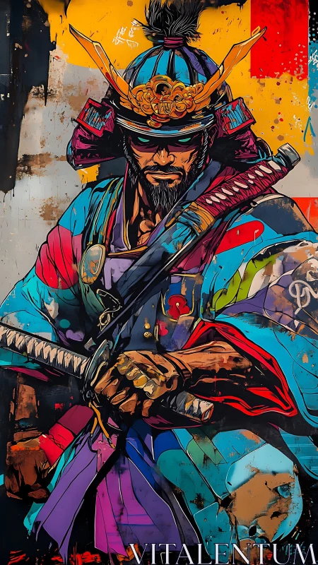 Color-splashed urban samurai poised between grit and honor.