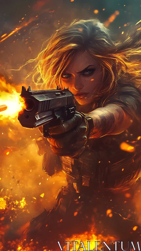 Armed woman in tactical gear amid intense battlefield flames.