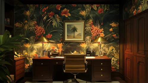 Tropical home office glows with warm lamplight and lush walls