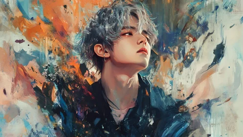 Expressive portrait of silver haired youth amid abstract strokes
