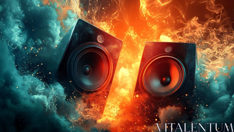 Dual studio speakers erupt through swirling fire and smoke.