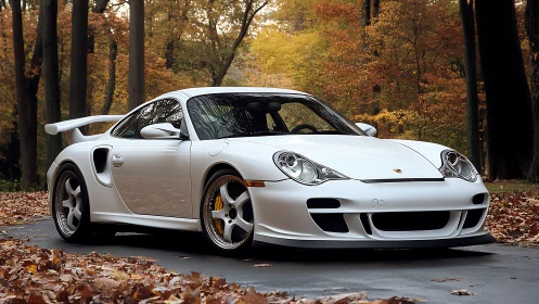 White sports coupe on forest road in warm autumn foliage.