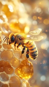 Honey bee collecting nectar on honeycomb structure close-up.
