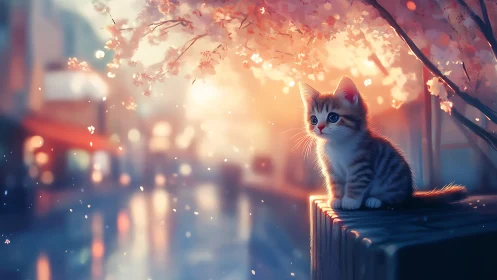 Solitary Kitten at Dusk: Golden Hour Bokeh Composition.