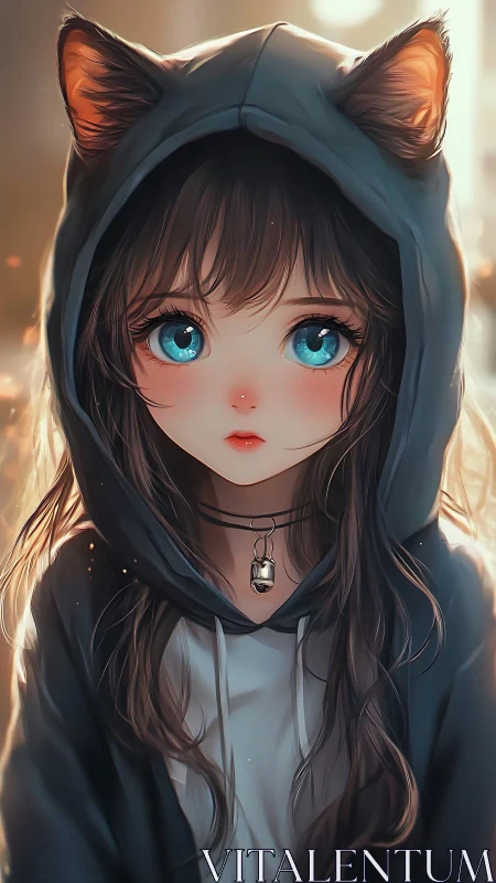 Girl with cat-ear hoodie stares forward with bright blue eyes