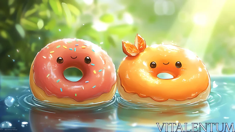 Cute frosted donut characters floating on water.