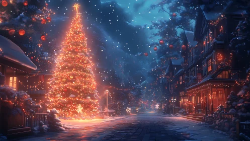 Snow covered street shows large illuminated outdoor Christmas tree
